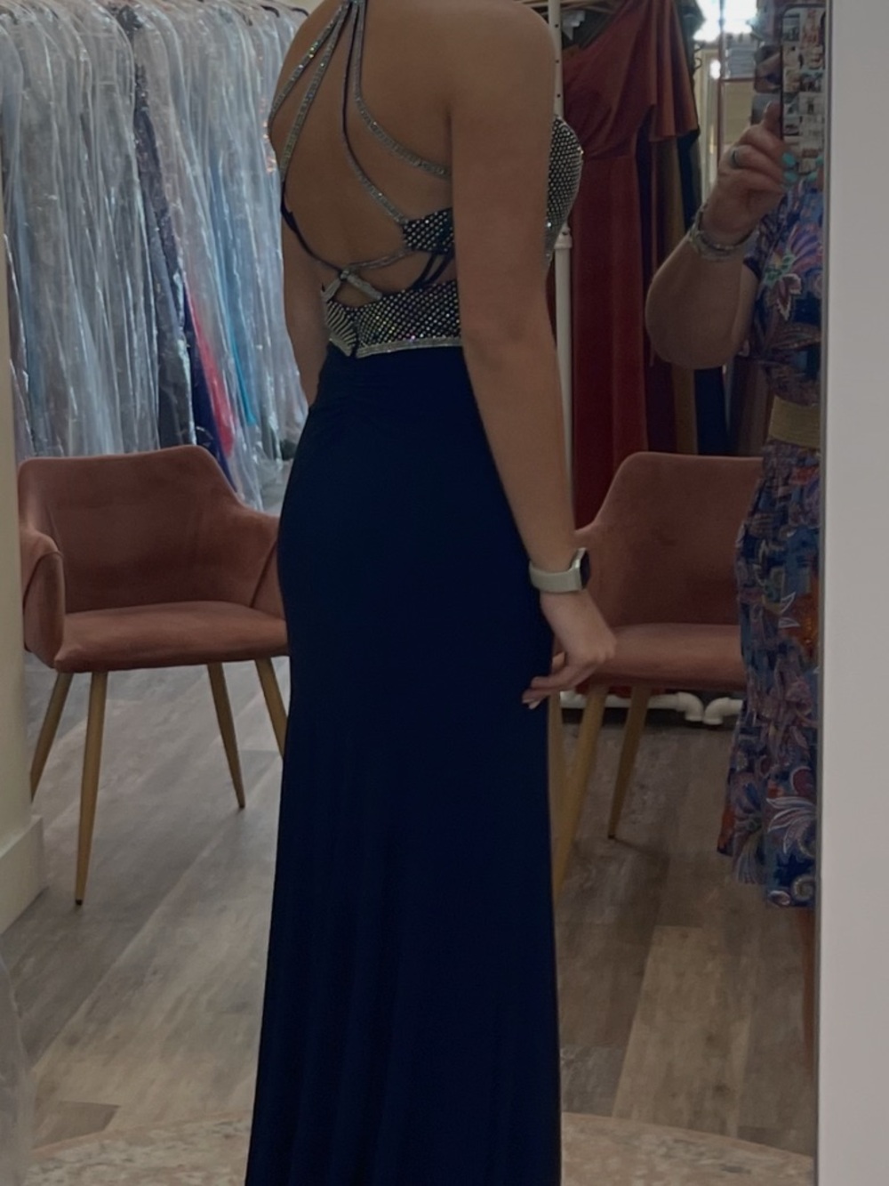 Elegant Navy Beaded Spaghetti Strap Evening Dress - Picture 3 of 5